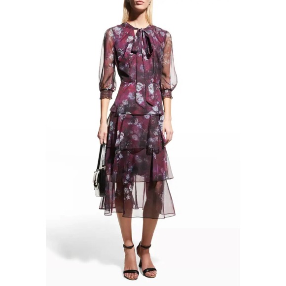 Marchesa Floral‎ Chiffon Tiered Midi Dress - Picture 2 of 13